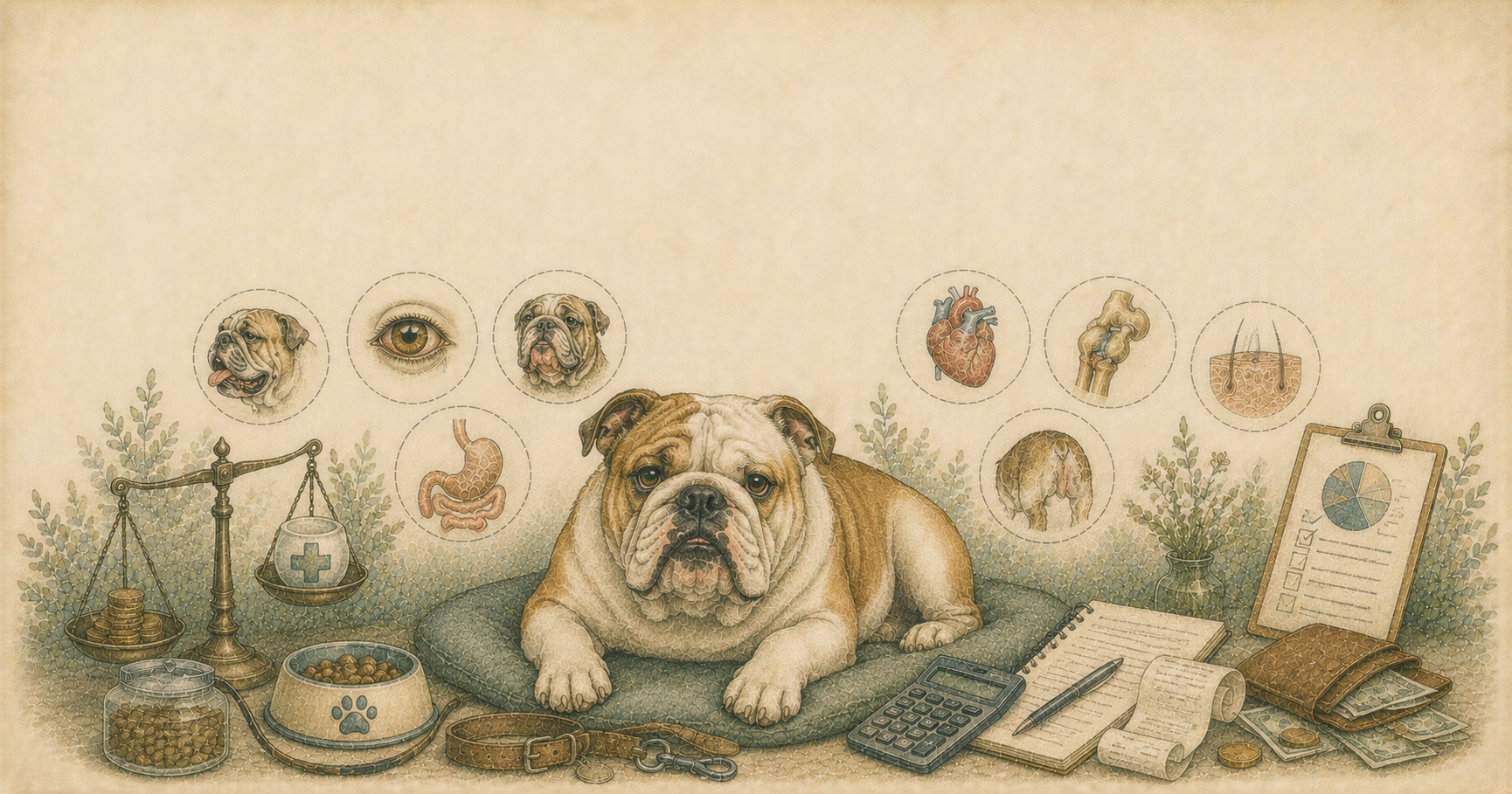 Ilustración acuarela de un bulldog inglés rodeado de elementos veterinarios y plantas