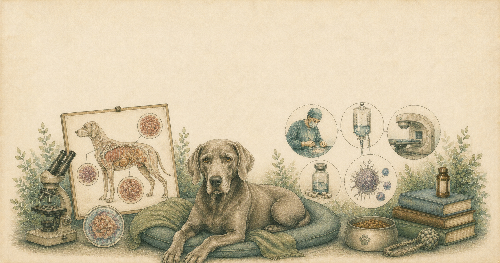 Perro en consulta de oncología veterinaria rodeado de elementos médicos en ilustración estilo acuarela