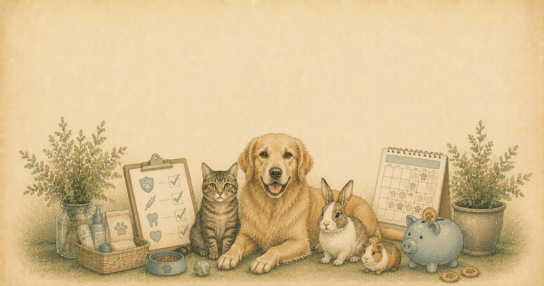 Perro rodeado de artículos veterinarios, estetoscopio, medicamentos y plantas, ilustración acuarela vintage