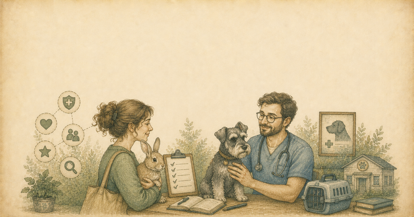 Ilustración de un perro en una consulta veterinaria junto a instrumentos médicos y plantas