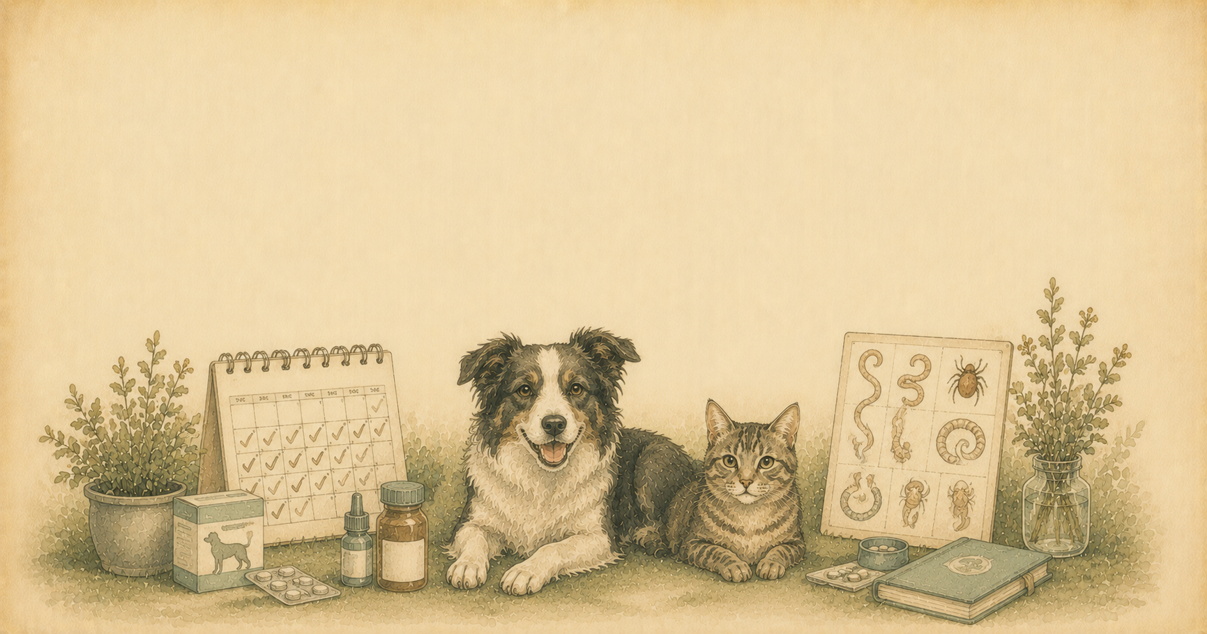 Perro rodeado de antiparasitarios, pipetas, comprimidos y plantas, ilustración acuarela vintage