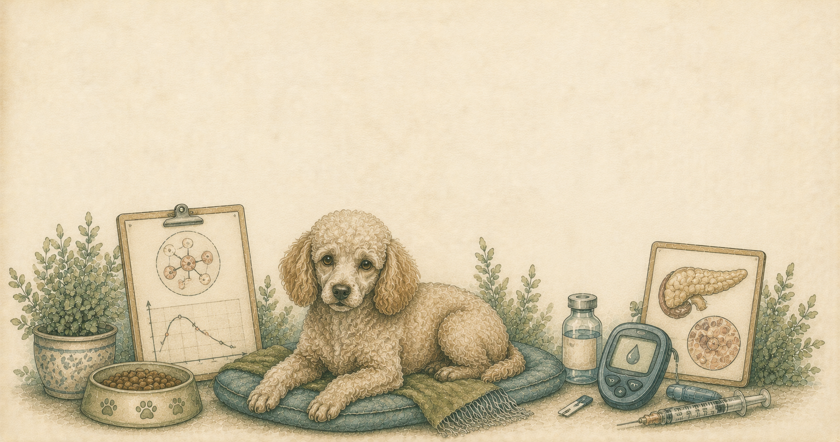 Ilustración en acuarela de un perro junto a una jeringa de insulina, frasco y libreta de control de glucosa