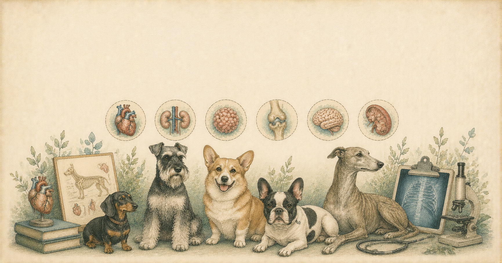 Perro en consulta veterinaria rodeado de estetoscopio, historia clínica y frascos de medicamentos que representan el costo de las enfermedades caninas