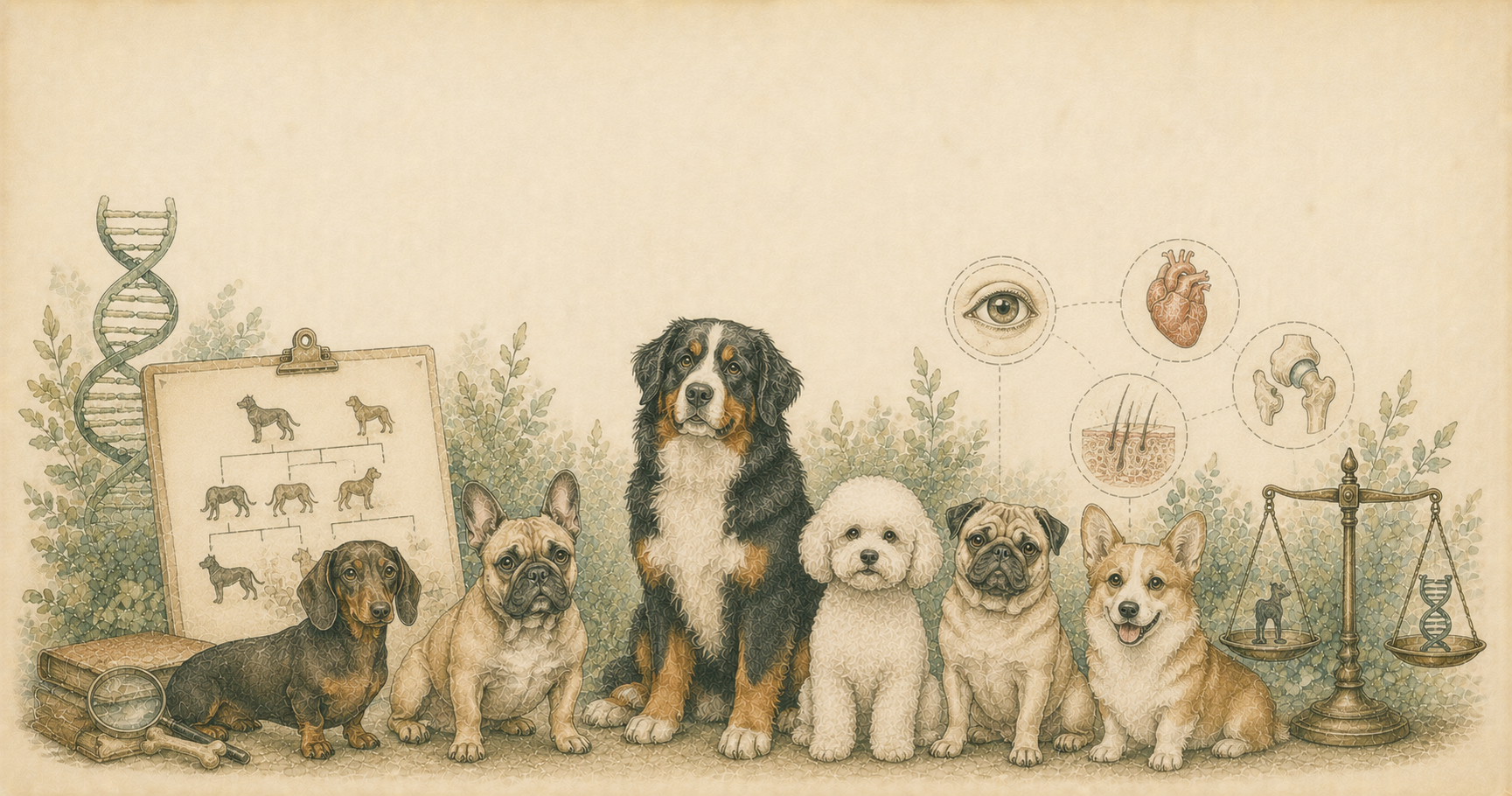 Ilustración en acuarela de un cachorro junto a una carpeta médica, lupa y planta, en estilo vintage