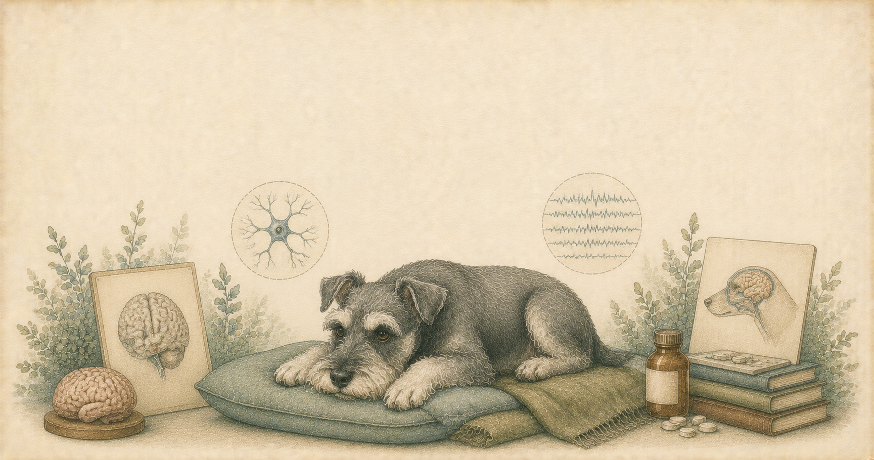 Ilustración en acuarela de un perro tranquilo rodeado de frascos de medicación, historia clínica y estetoscopio