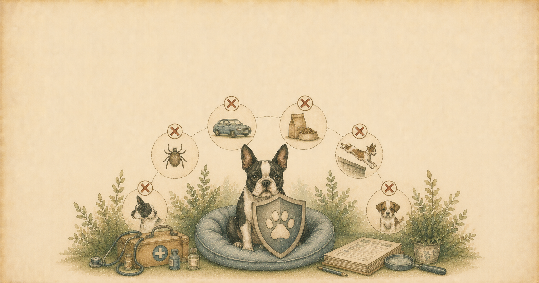 Perro y gato junto a documentos de póliza de seguro con un ícono de escudo, ilustración estilo acuarela vintage