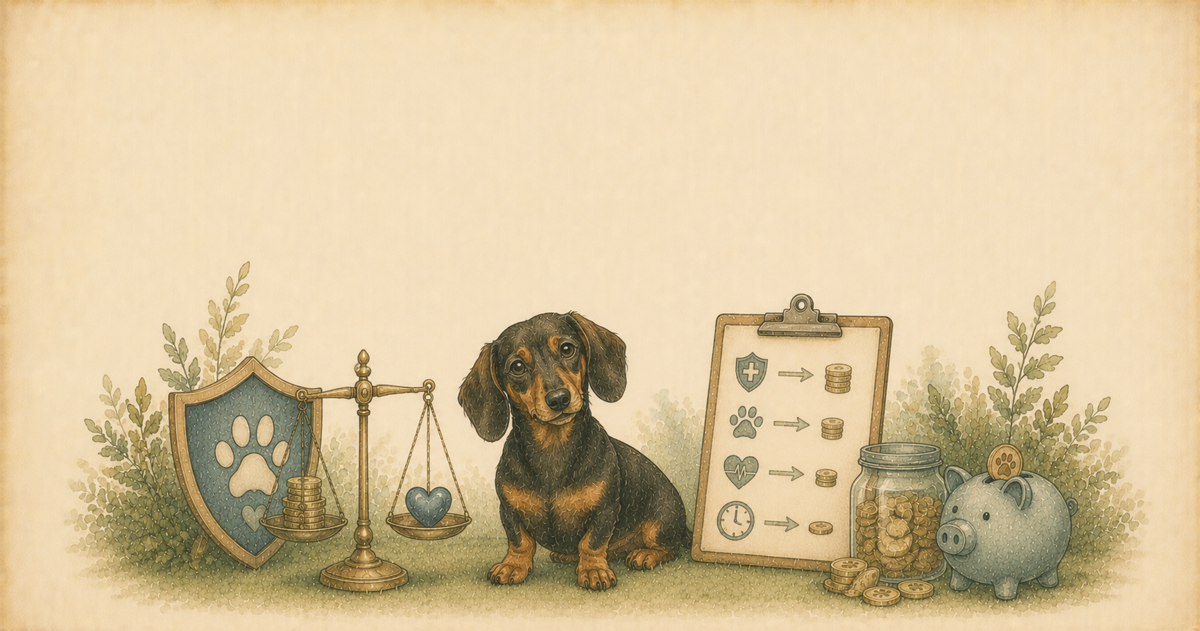 Perro y gato junto a documentos de póliza de seguro, una alcancía y un símbolo de cruz médica, ilustración estilo acuarela vintage