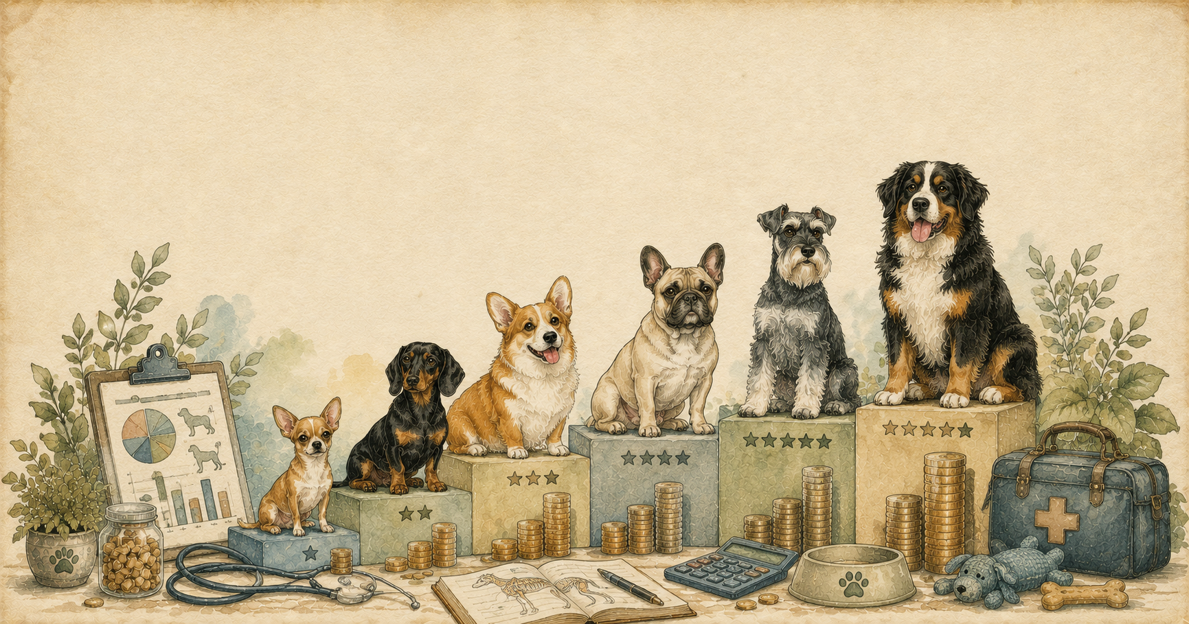 Distintas razas de perros junto a elementos veterinarios, ilustración estilo acuarela vintage