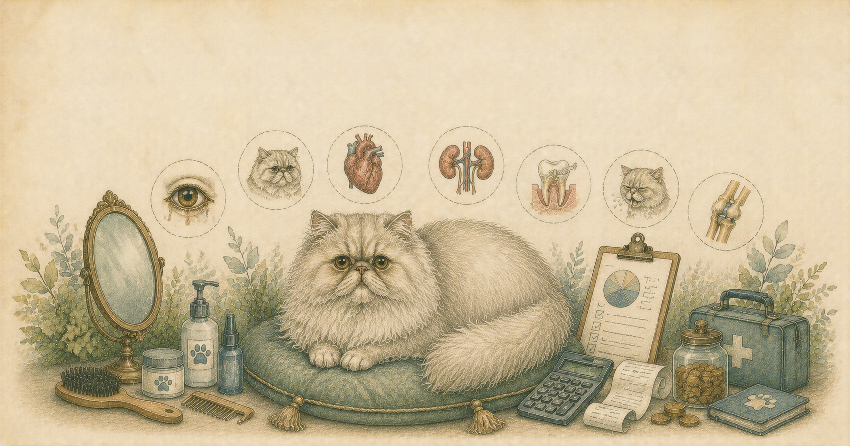 Ilustración en acuarela de un gato persa rodeado de elementos de cuidado felino como cepillo, peine y frascos