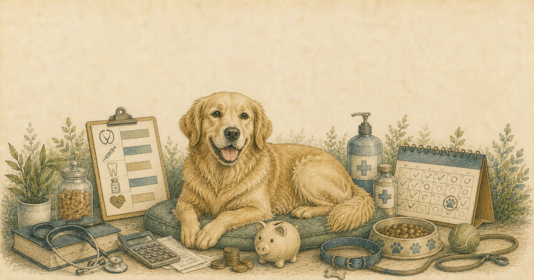 Ilustración en acuarela de un Golden Retriever rodeado de elementos veterinarios como estetoscopio, vacunas y ficha médica