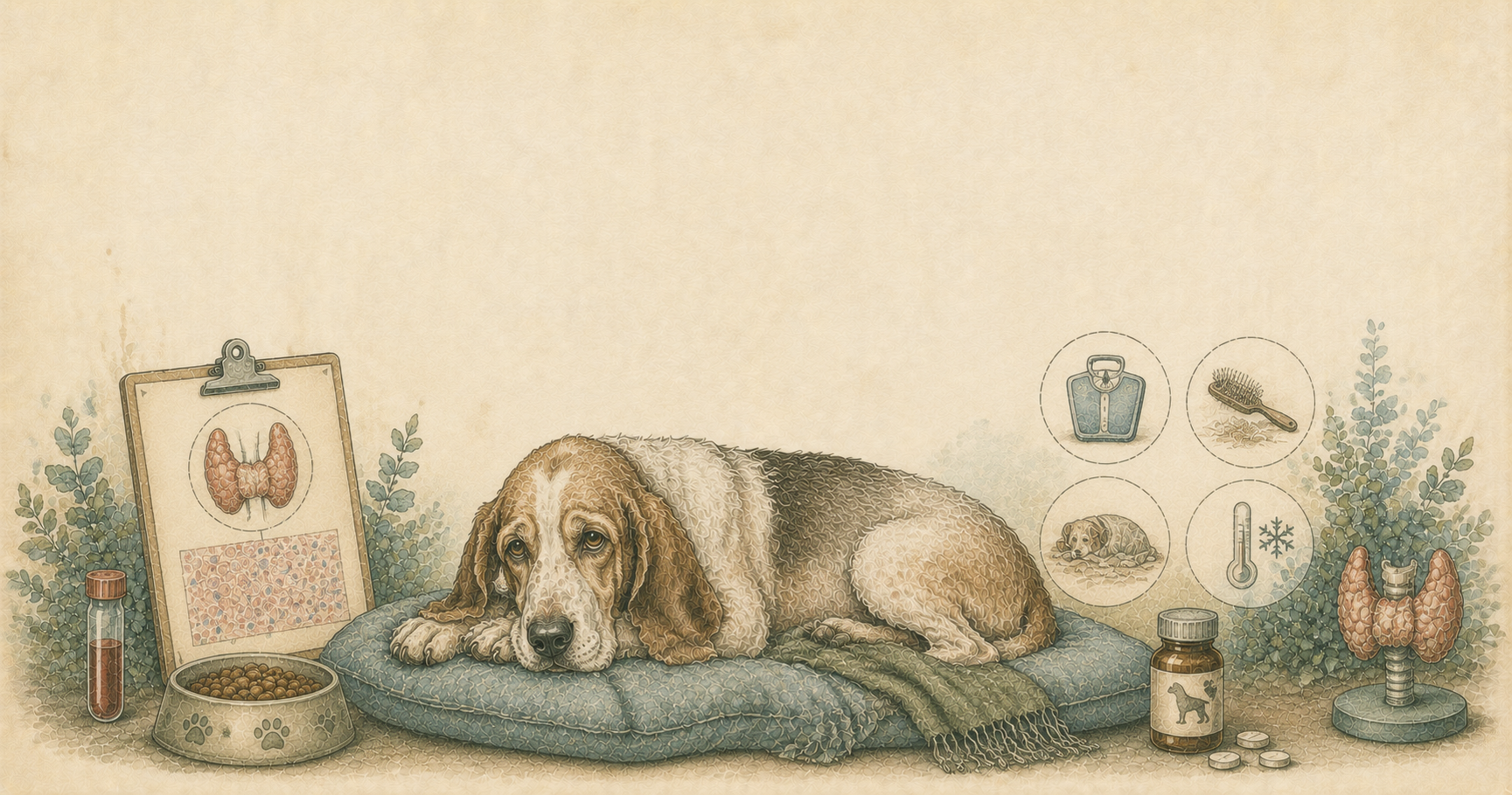Ilustración en acuarela de un perro junto a análisis de tiroides, frascos de medicación y un estetoscopio