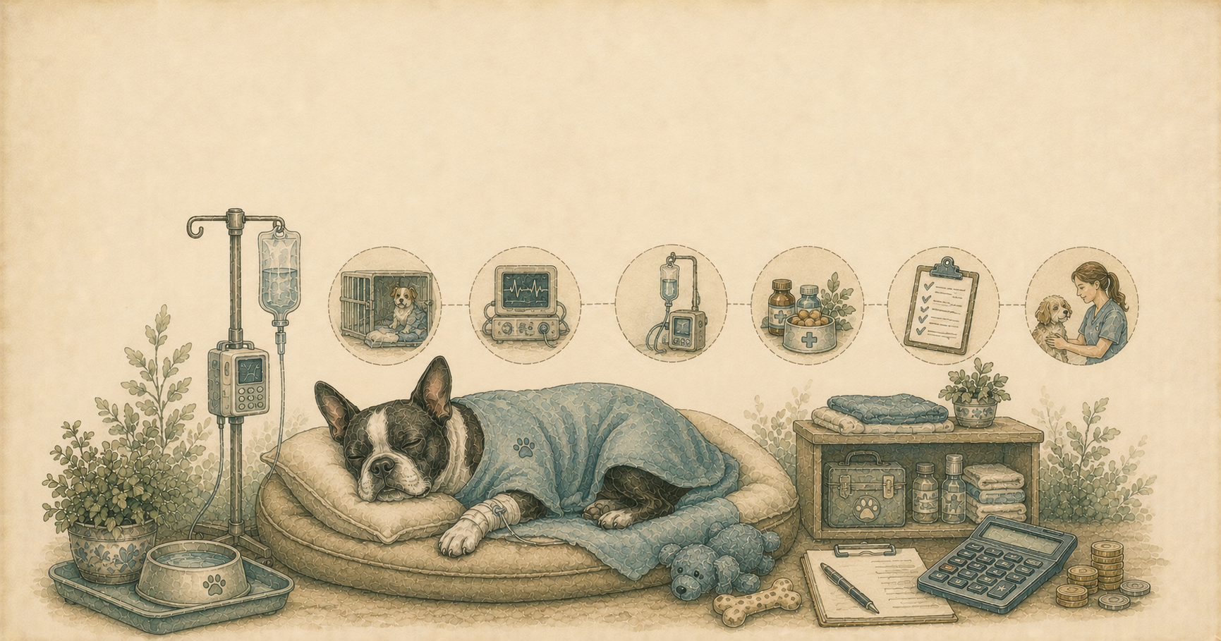 Perro internado en clínica veterinaria con suero, ilustración estilo acuarela vintage