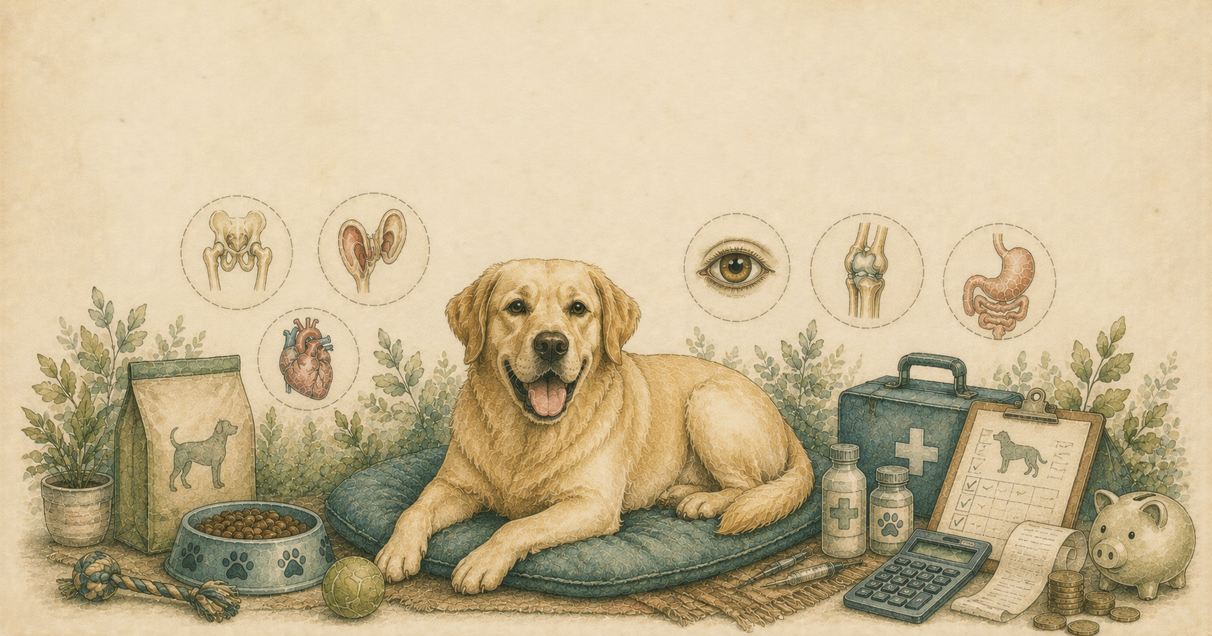 Ilustración en acuarela de un Labrador Retriever rodeado de objetos veterinarios y plantas botánicas