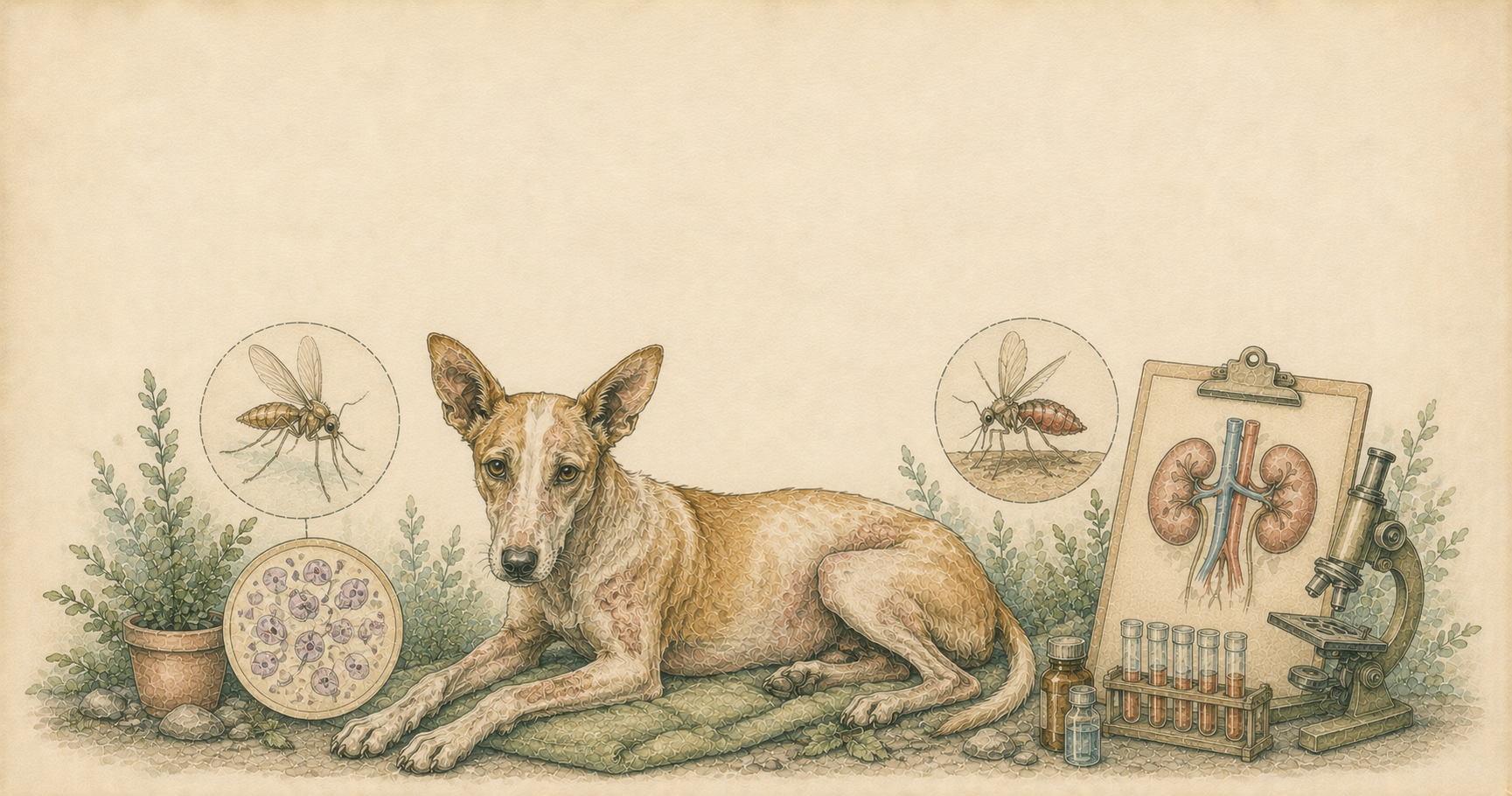 Ilustración de un perro junto a elementos veterinarios que representan el diagnóstico y tratamiento de la leishmaniasis