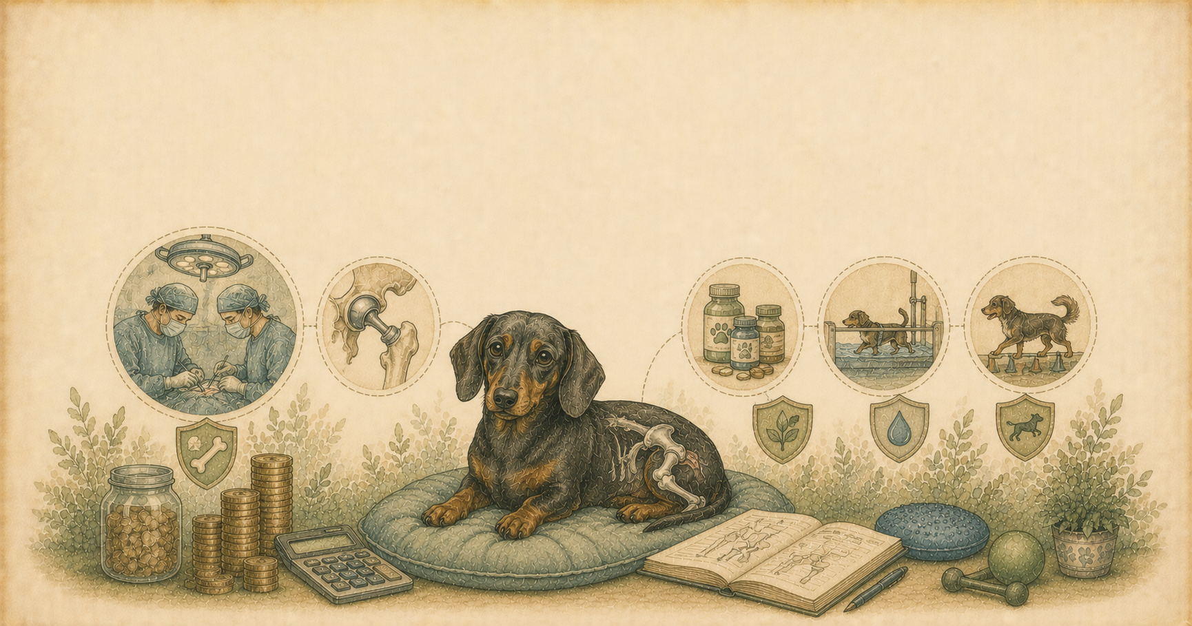 Perro salchicha recostado en un cojín con una radiografía de cadera superpuesta, rodeado de viñetas circulares de cirugía, prótesis, medicación e hidroterapia, ilustración estilo acuarela vintage