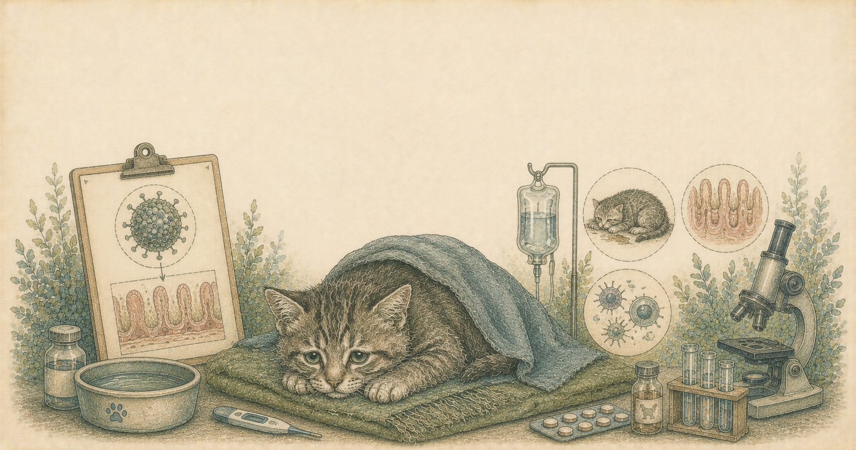 Ilustración acuarela de un gato en consulta veterinaria rodeado de jeringas y frascos de vacunas