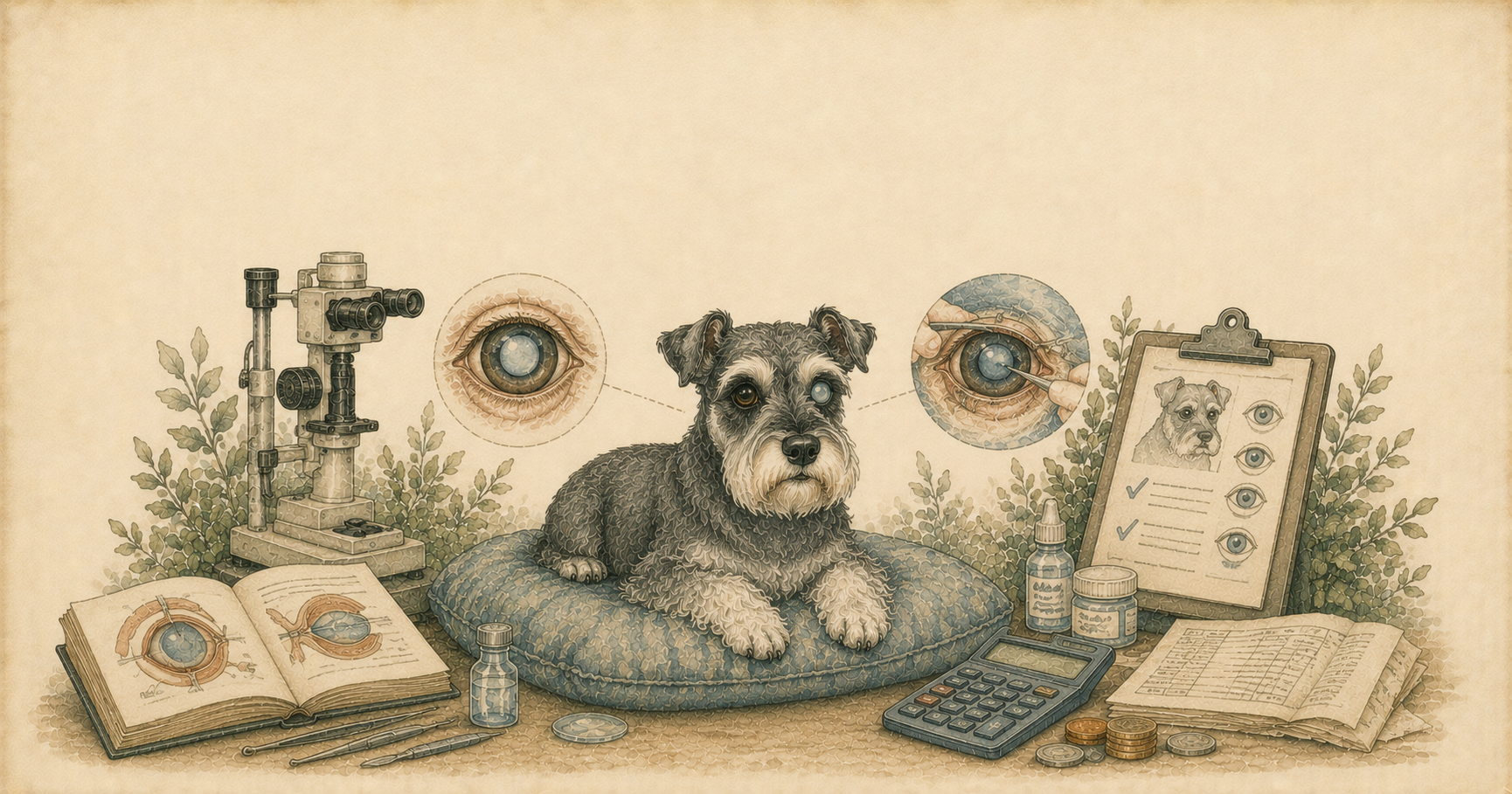 Perro senior en consulta oftalmológica veterinaria rodeado de instrumental quirúrgico, gafas de diagnóstico y una carpeta médica, ilustración estilo acuarela vintage