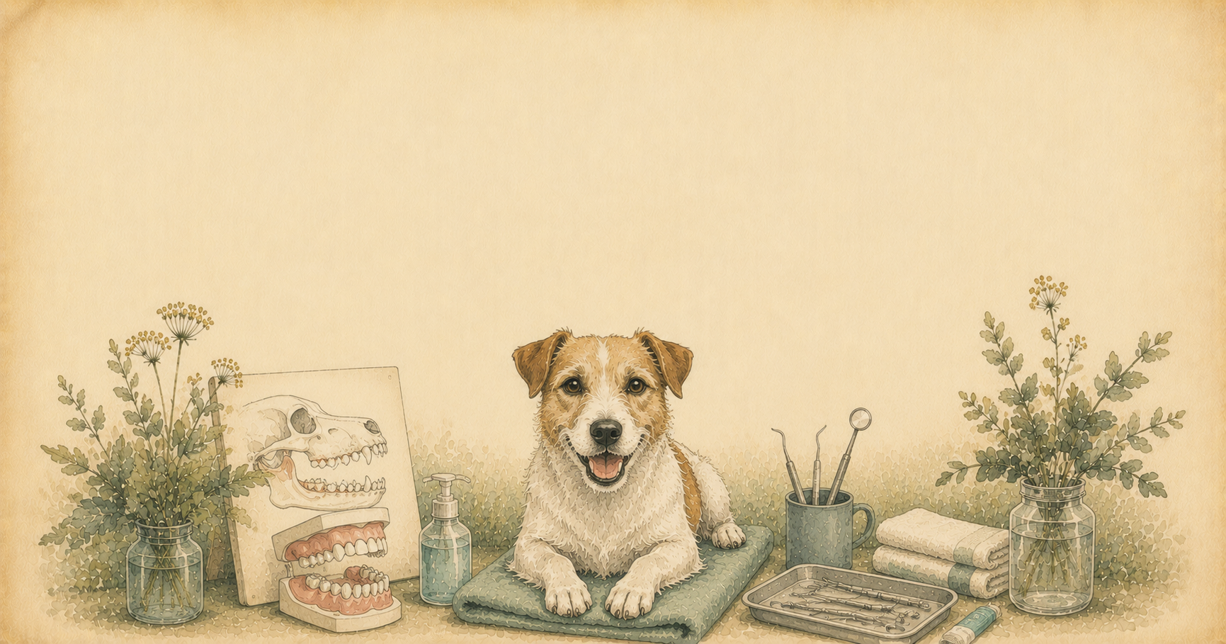 Perro golden retriever en mesa veterinaria rodeado de instrumental dental, jeringa y cepillo de dientes, ilustración acuarela vintage