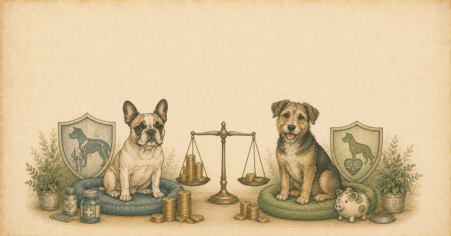 Perro de raza y perro mestizo juntos, ilustración acuarela vintage con elementos veterinarios