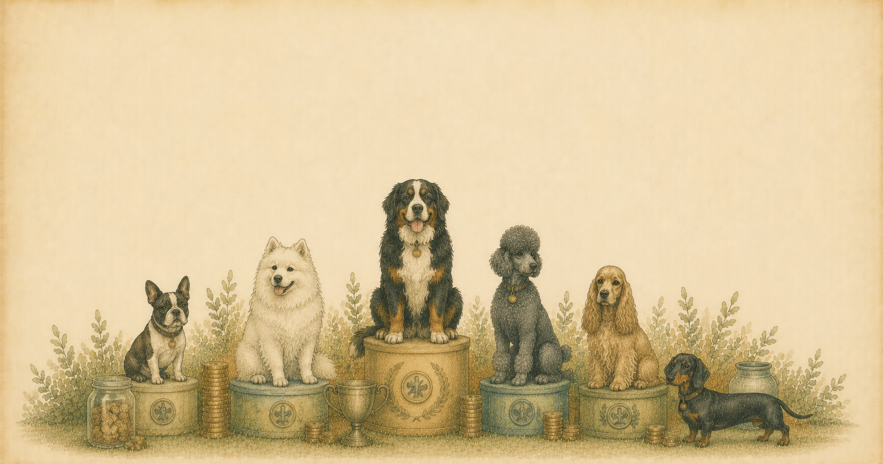 Perro de raza grande junto a bolsas de alimento, tijeras de peluquería y una billetera, ilustración estilo acuarela vintage
