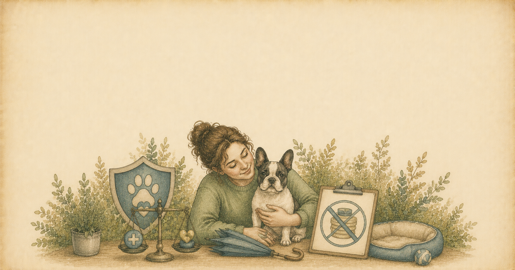 Perro rodeado de documentos de póliza de seguro, escudo protector, monedas y plantas botánicas, ilustración vintage en acuarela