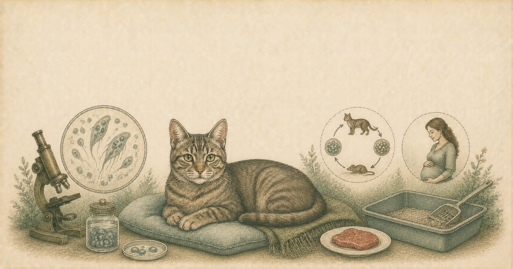 Gato doméstico junto a elementos de consulta veterinaria en ilustración de acuarela vintage
