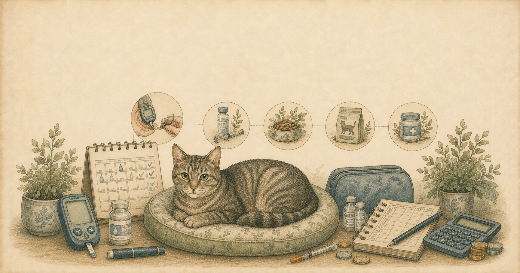 Gato junto a jeringa de insulina, frasco de medicamento y libreta de control médico, ilustración estilo acuarela vintage
